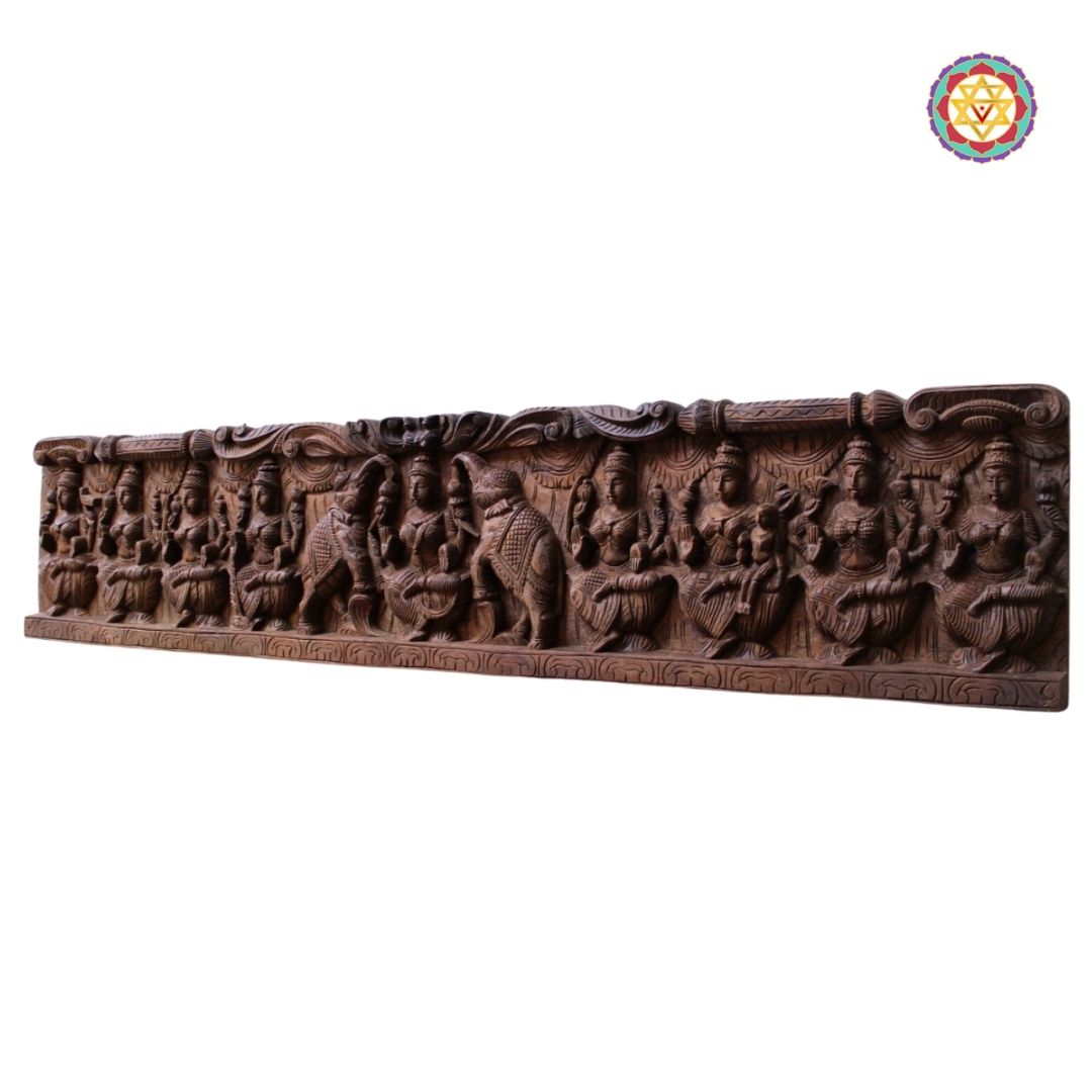 Intricately Carved Horizontal Ashtalakshmi Panel with Gajalakshmi in the Centre – Wall Mountable Divine Art