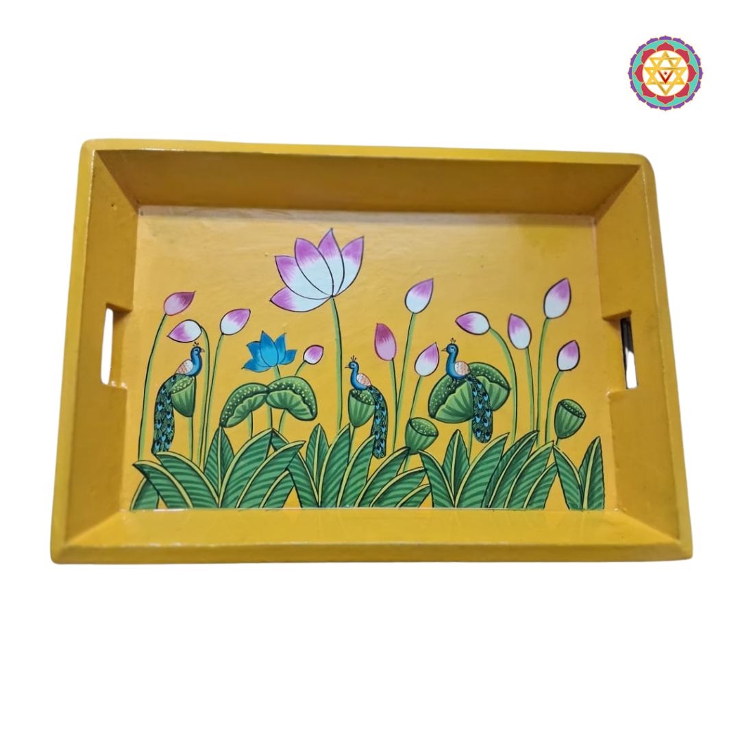 Angled side view of lotus Pichwai tray with sturdy wooden handles.
