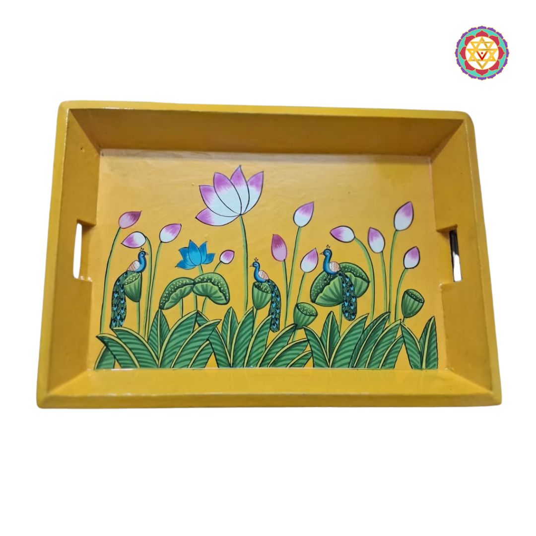 Yellow Pichwai style Serving Tray - Hand Painted