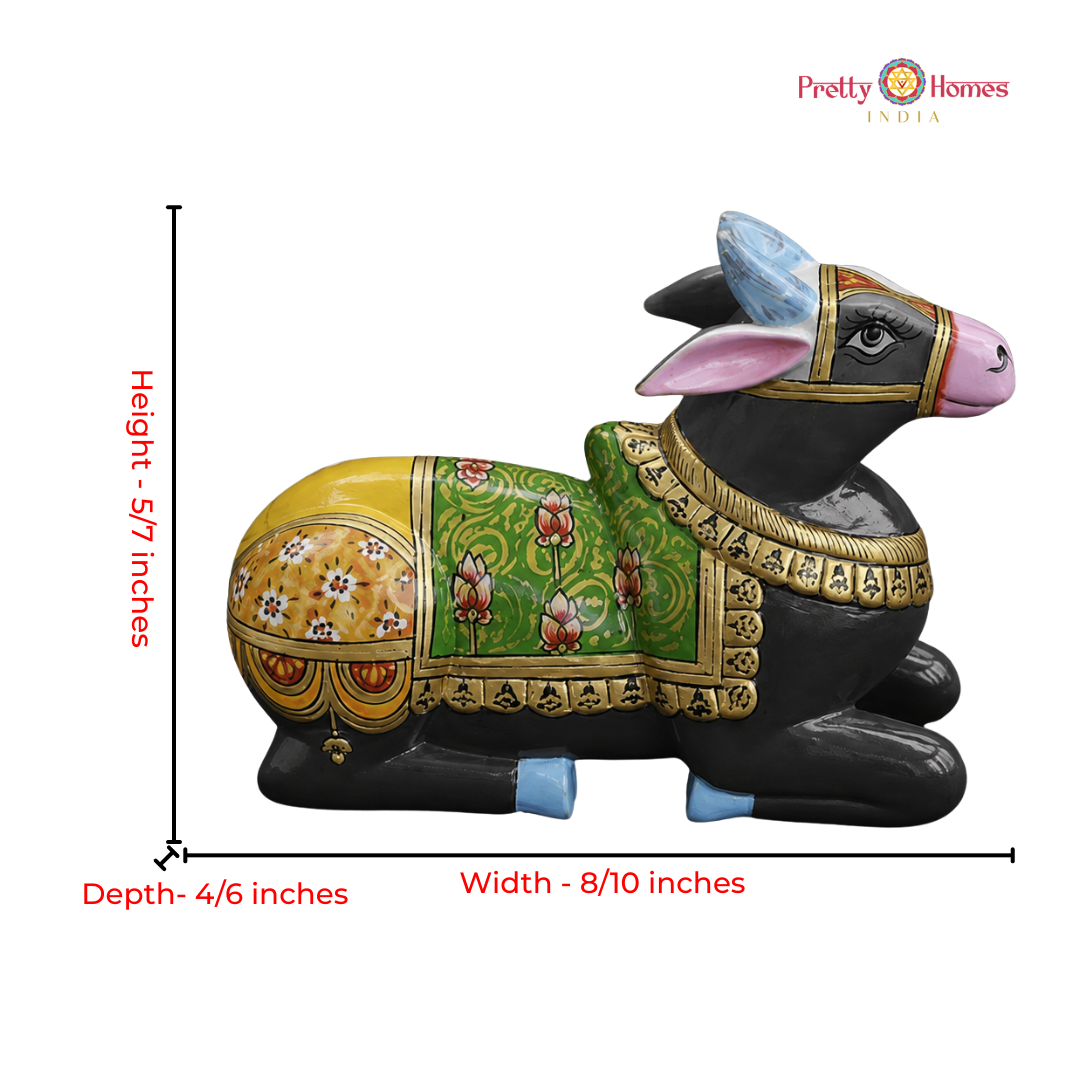 Handpainted Wooden Black Nandi with Green & Yellow Floral Motifs