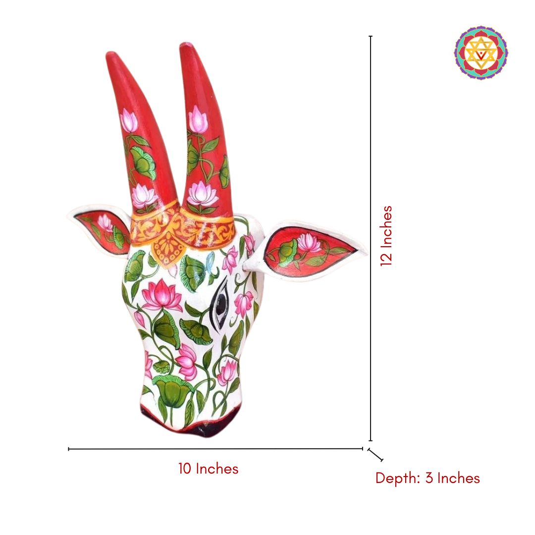 Wood carved ,hand painted decorative wall mountable cow heads /Nandi head .Lotus and leaves.
