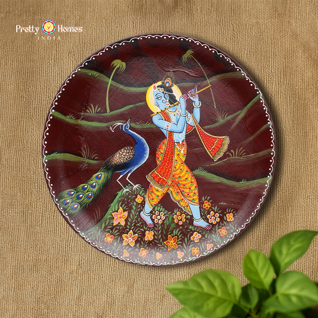 Hand-painted Pichwai wall plate of Murli Krishna with peacock full view