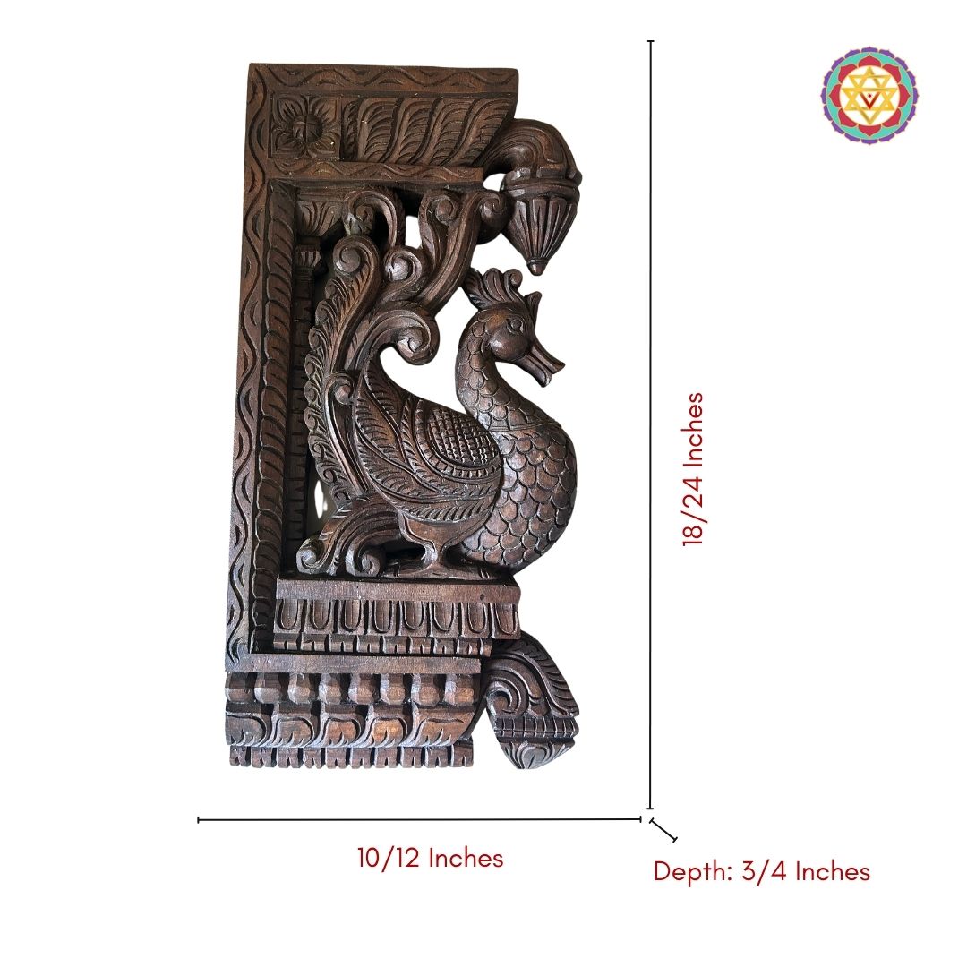 Intricately Handcarved Beautiful Standing Hamsa Bird (Annapakshi) Paired Wooden Wall Brackets (Single)