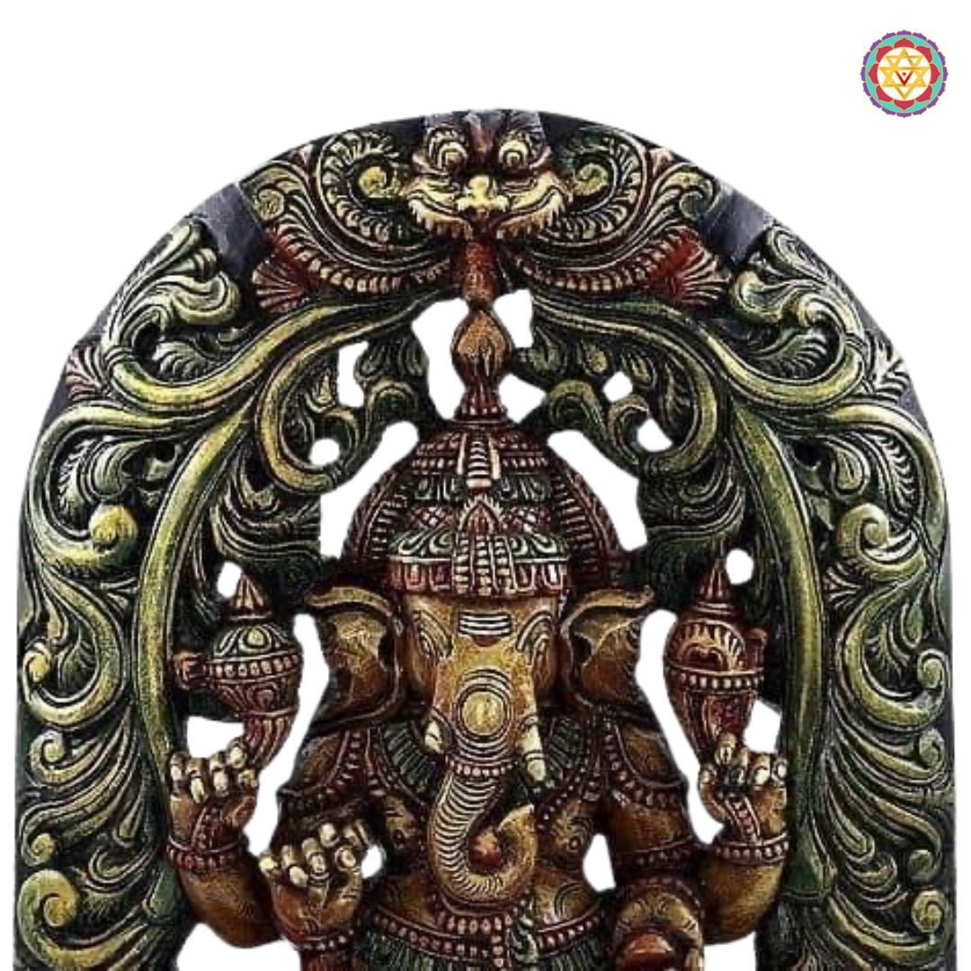 Front view of Ganesha Laxmi Saraswati wooden carving — detailed figures and prabhavali arch, handcrafted teak wood panel