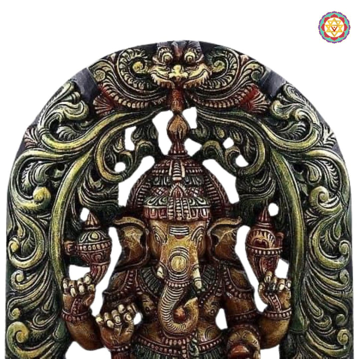 Woodcarved Ganesh statue with Goddess Laxmi & Saraswati.