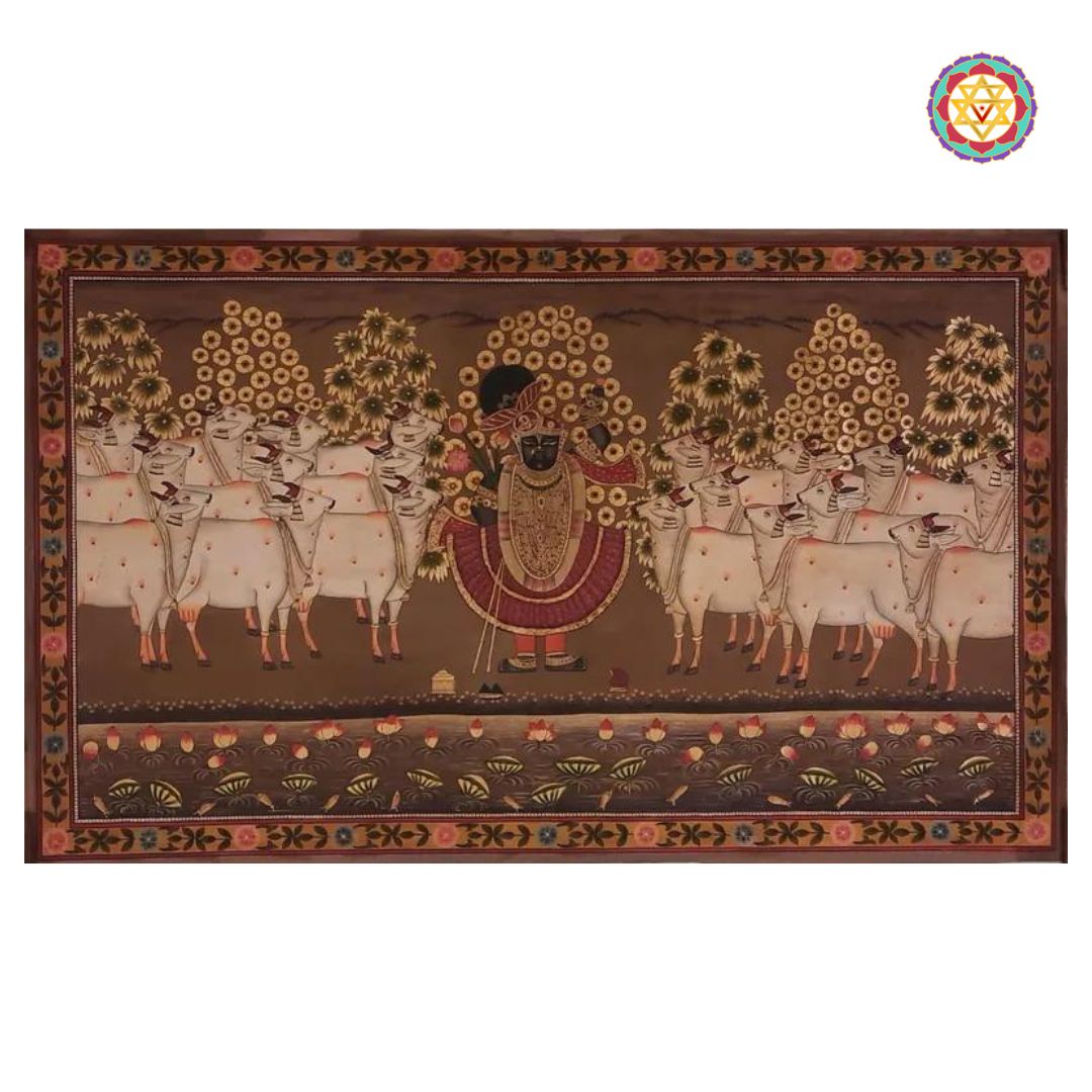 Detail of Shrinathji surrounded by cows and flowers in hand-painted vintage pichwai art.