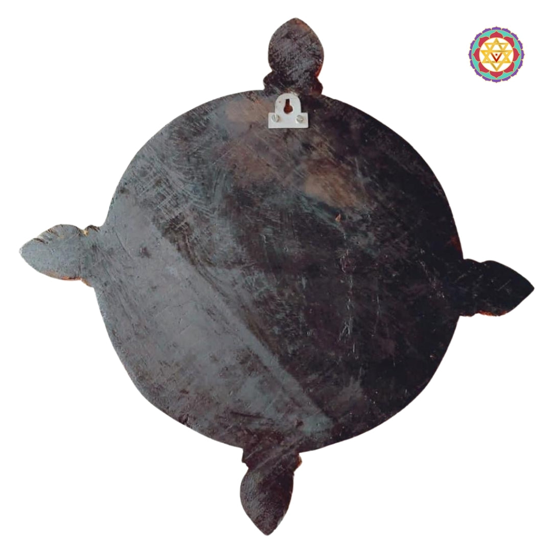 Rear view of wooden Ashtalakshmi panel showing metal wall mount hook