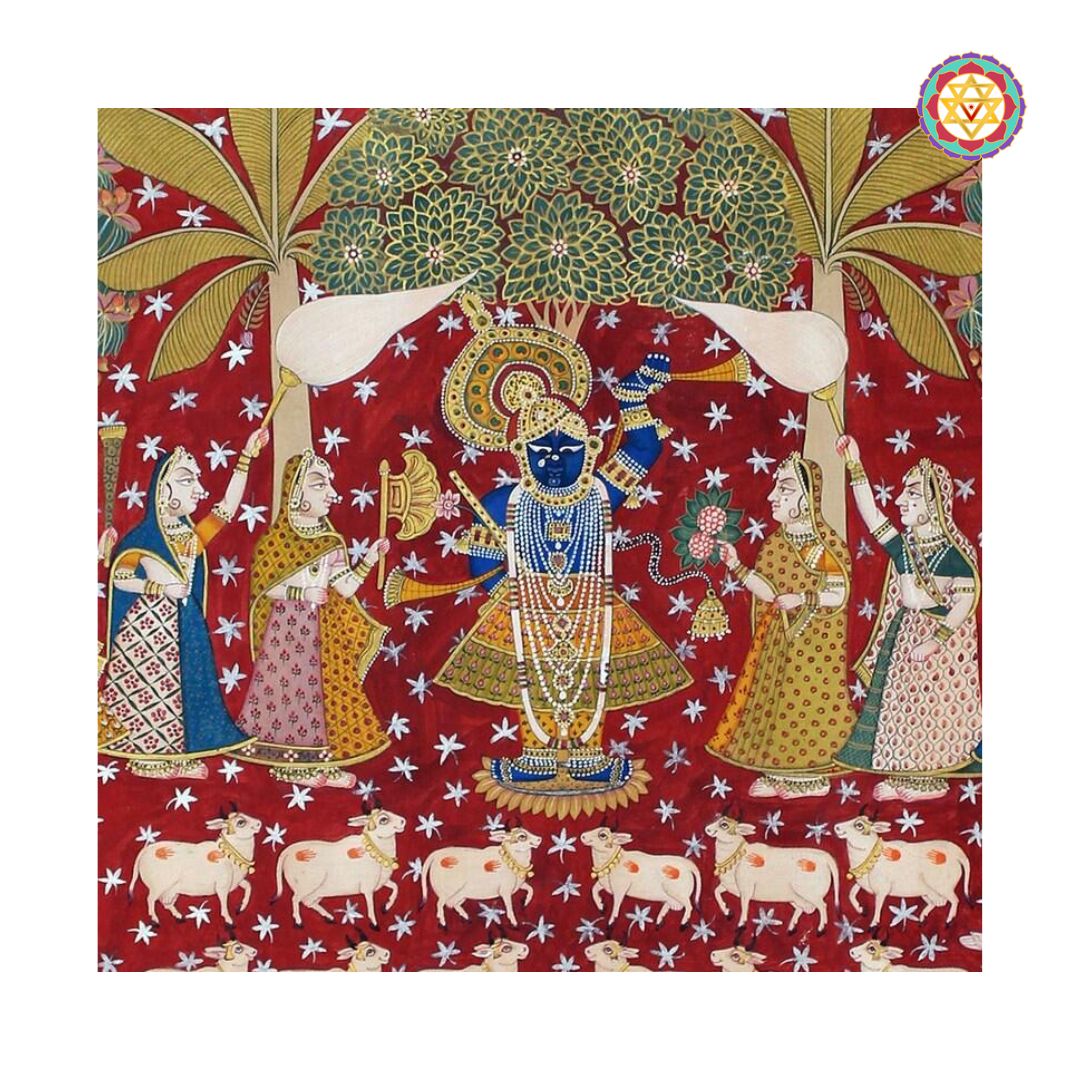 vintage-style pichwai depicting shrinathji with gopikas and cows, hand-painted on cloth with traditional motifs
