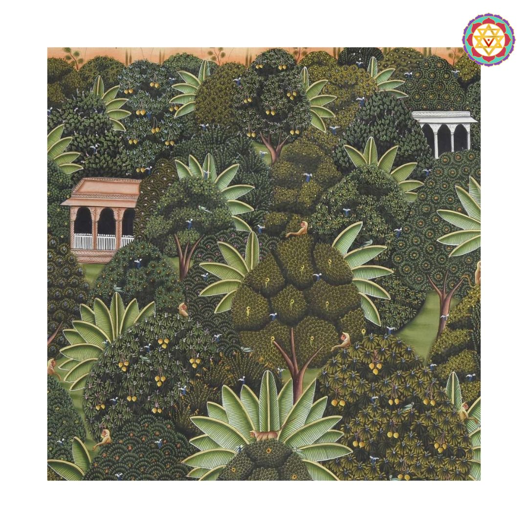 horizontal handpainted pichwai tranquil forest scene with lotus pond styled room view highlighting peaceful wall décor