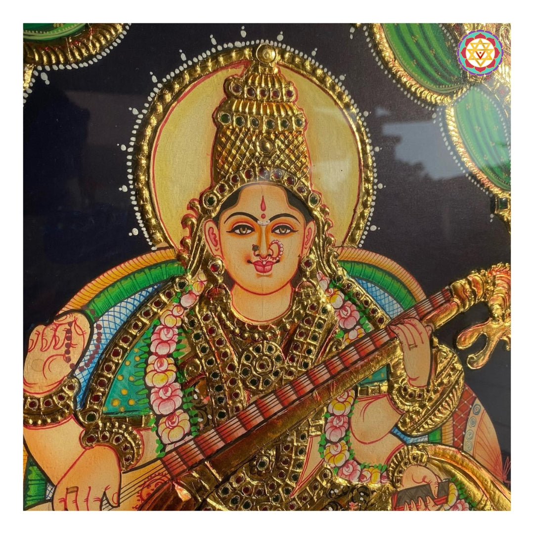 “Close-up of Goddess Saraswati’s face with intricate detailing in Tanjore painting style”
