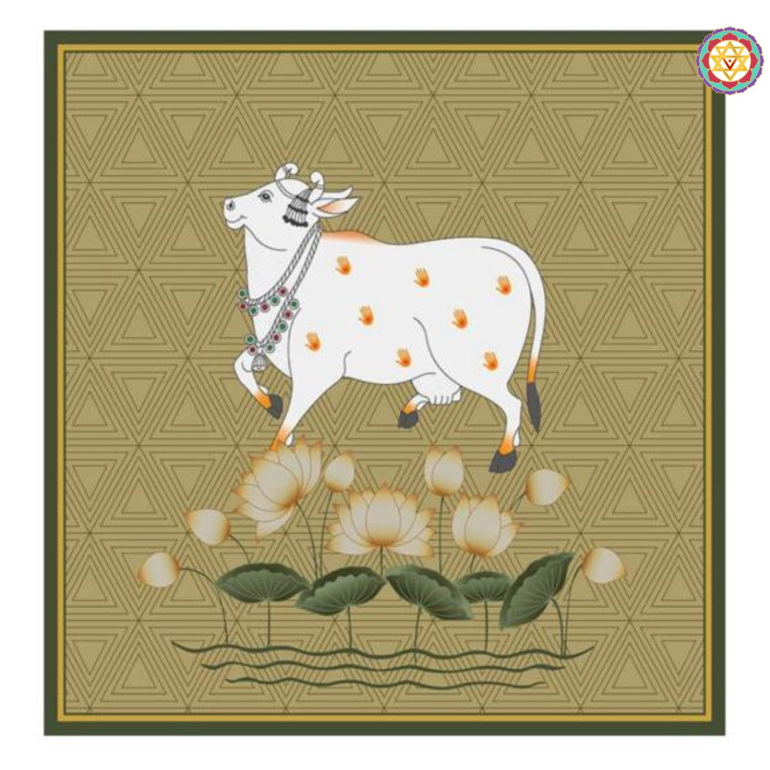 Pichwai painting of Rajasthan featuring single sacred cow and lotus flowers. A spiritual addition to pichwai home decor.