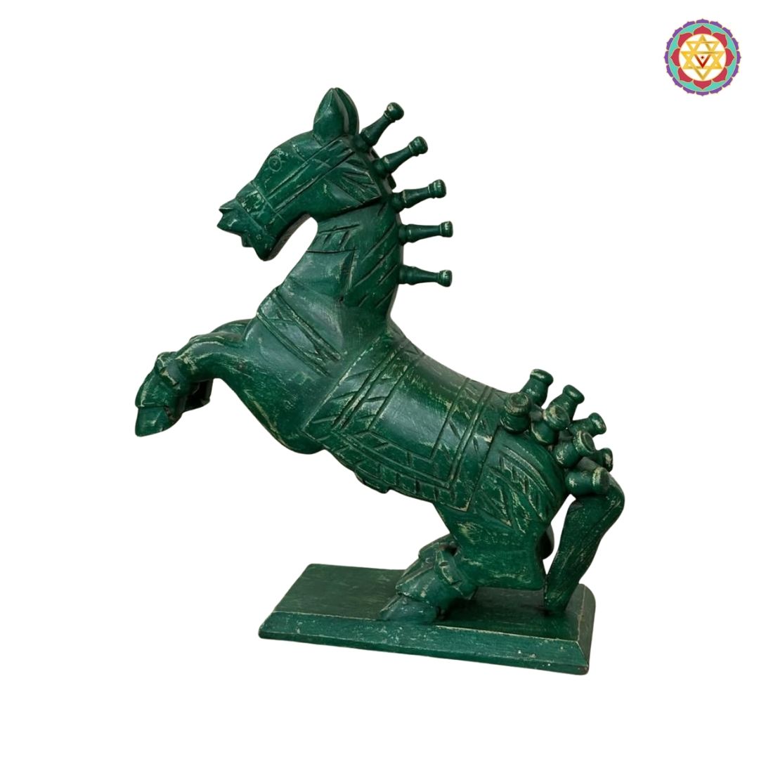 Back detail of handcrafted wooden horse highlighting tail and finish