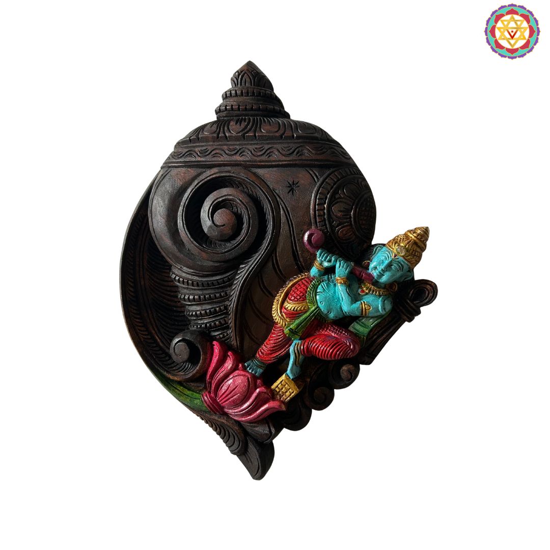 close up krishna conch shankh frame showing carving and brush detailing