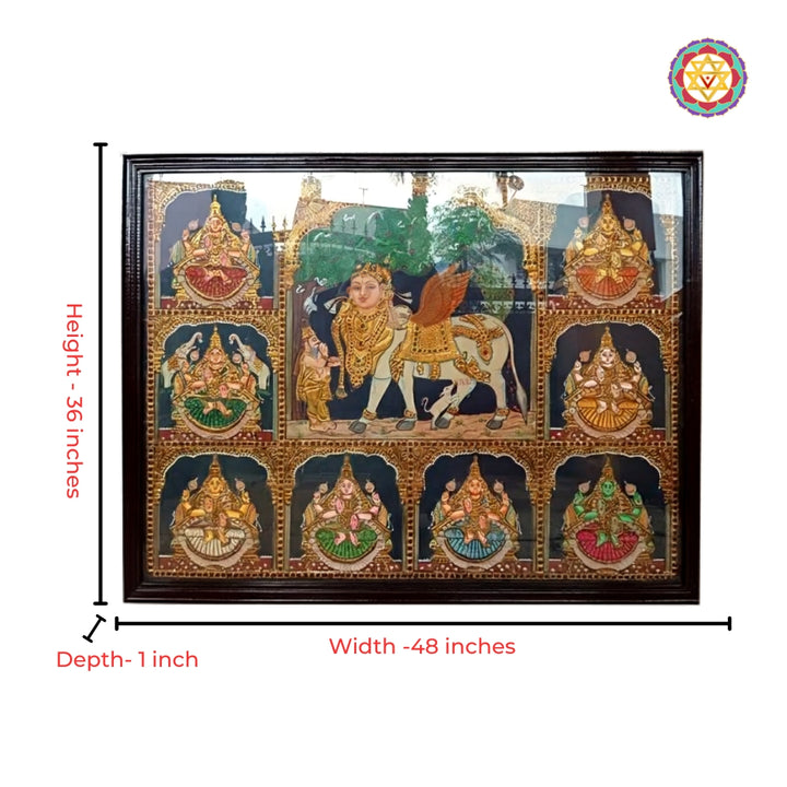 Sacred Kamdhenu with Eight Forms of Goddess Ashtalakshmi Tanjore Painting