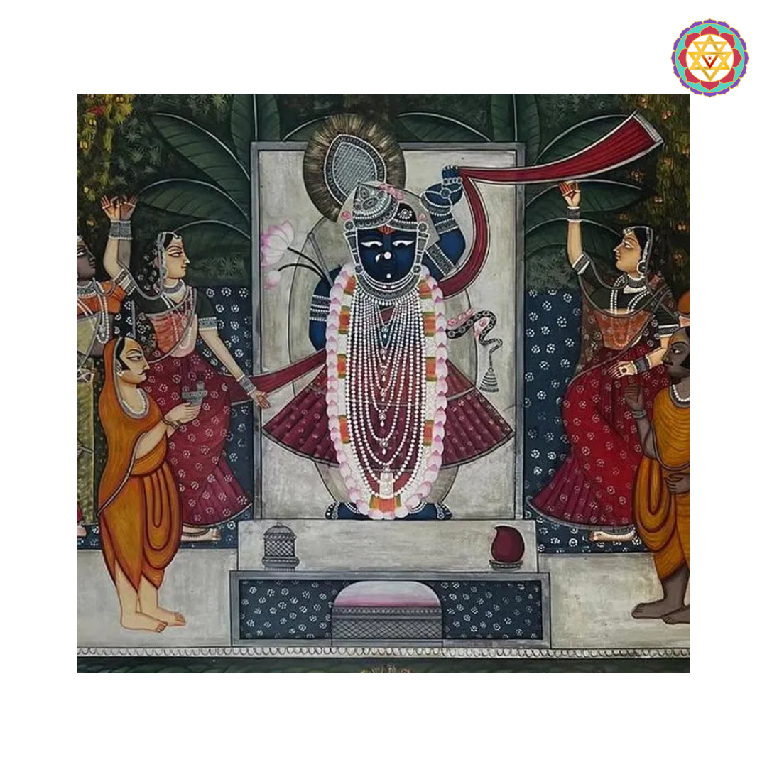 Side angle view of handpainted Sharad Poornima Raas Pichwai