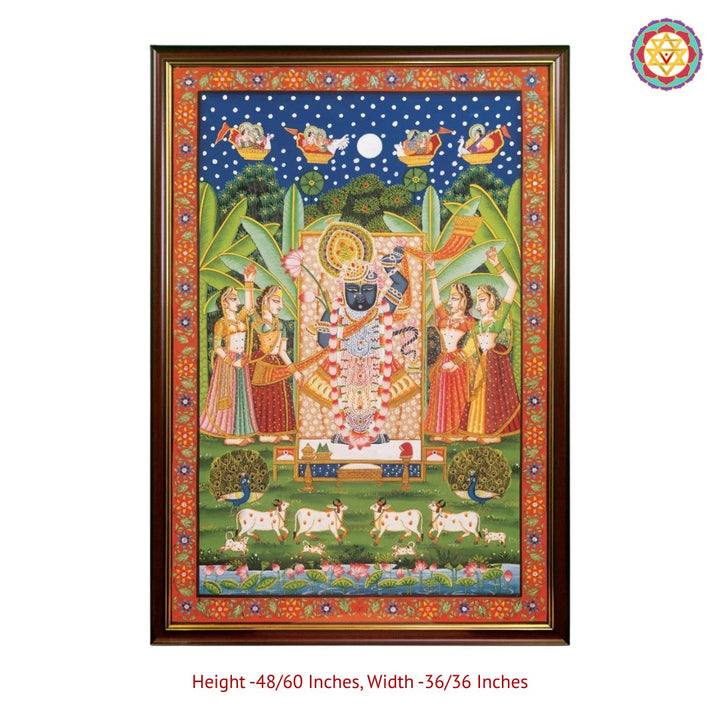 Sharad Shrinathji Darshan – Handpainted Pichwai with Gopikas, Peacocks & Cows