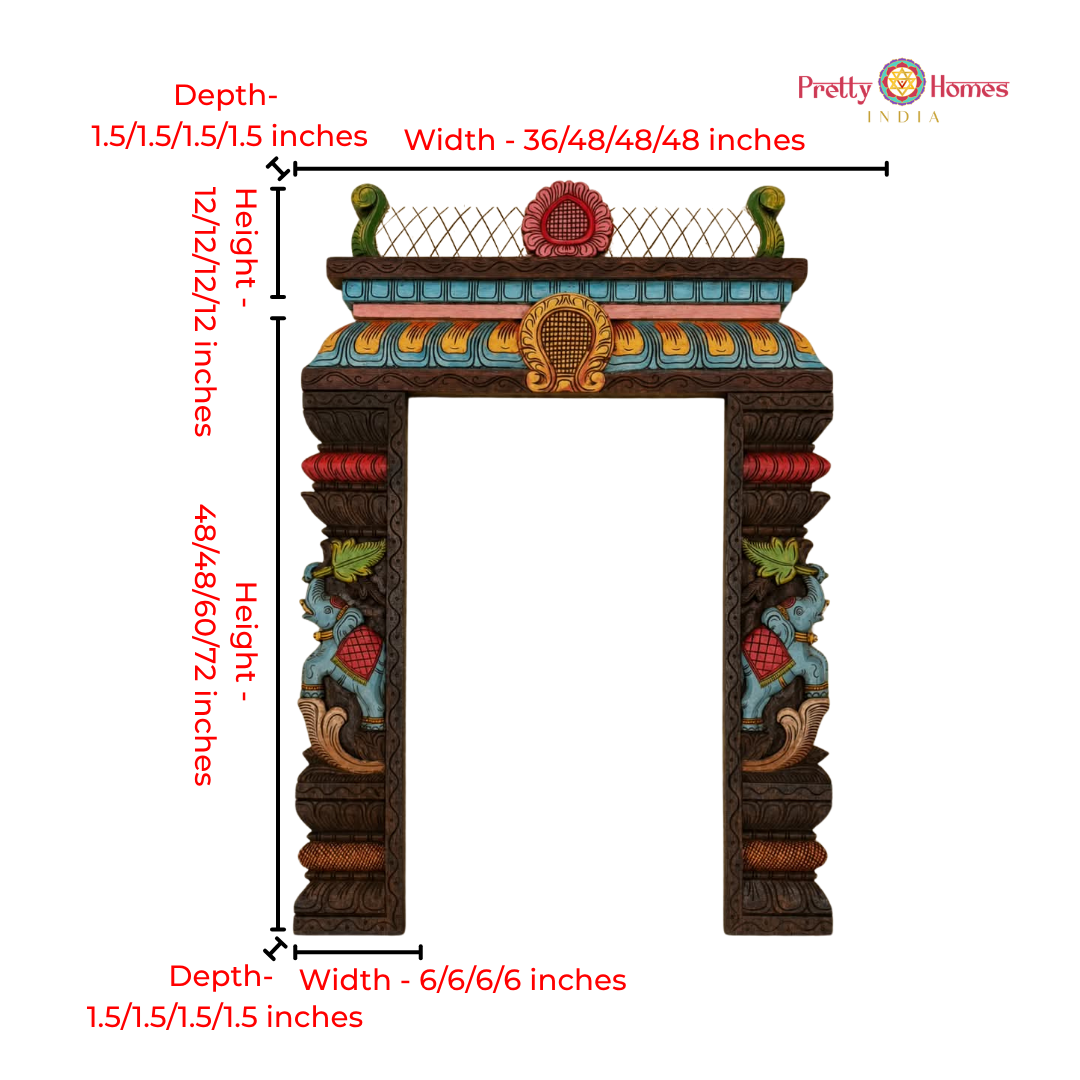 Wood-Carved Chettinad-Style Gopuram with Elephant Side Pillars