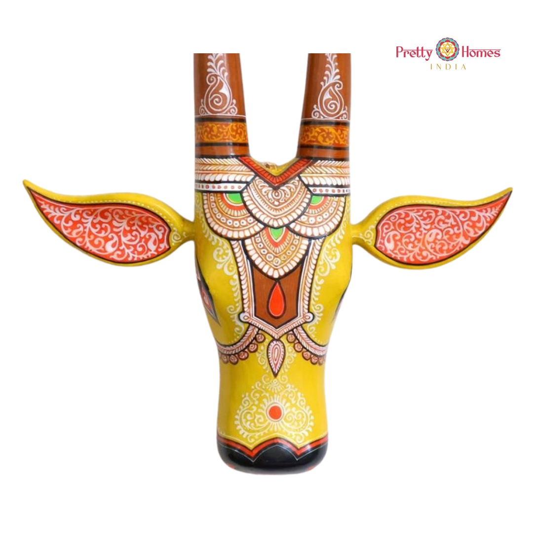 Yellow & Red Hand-Painted Cow Head with Motifs —