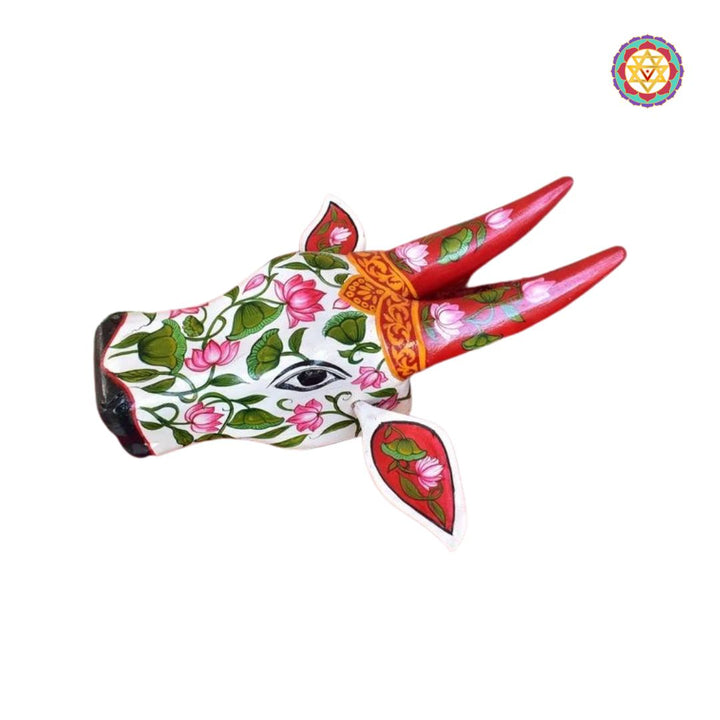 Wood carved ,hand painted decorative wall mountable cow heads /Nandi head .Lotus and leaves.