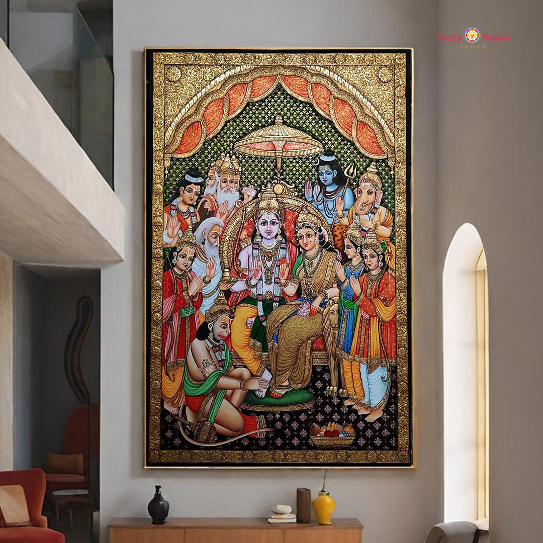 Tanjore Ram Darbar embossed handpainted artwork with gold foil