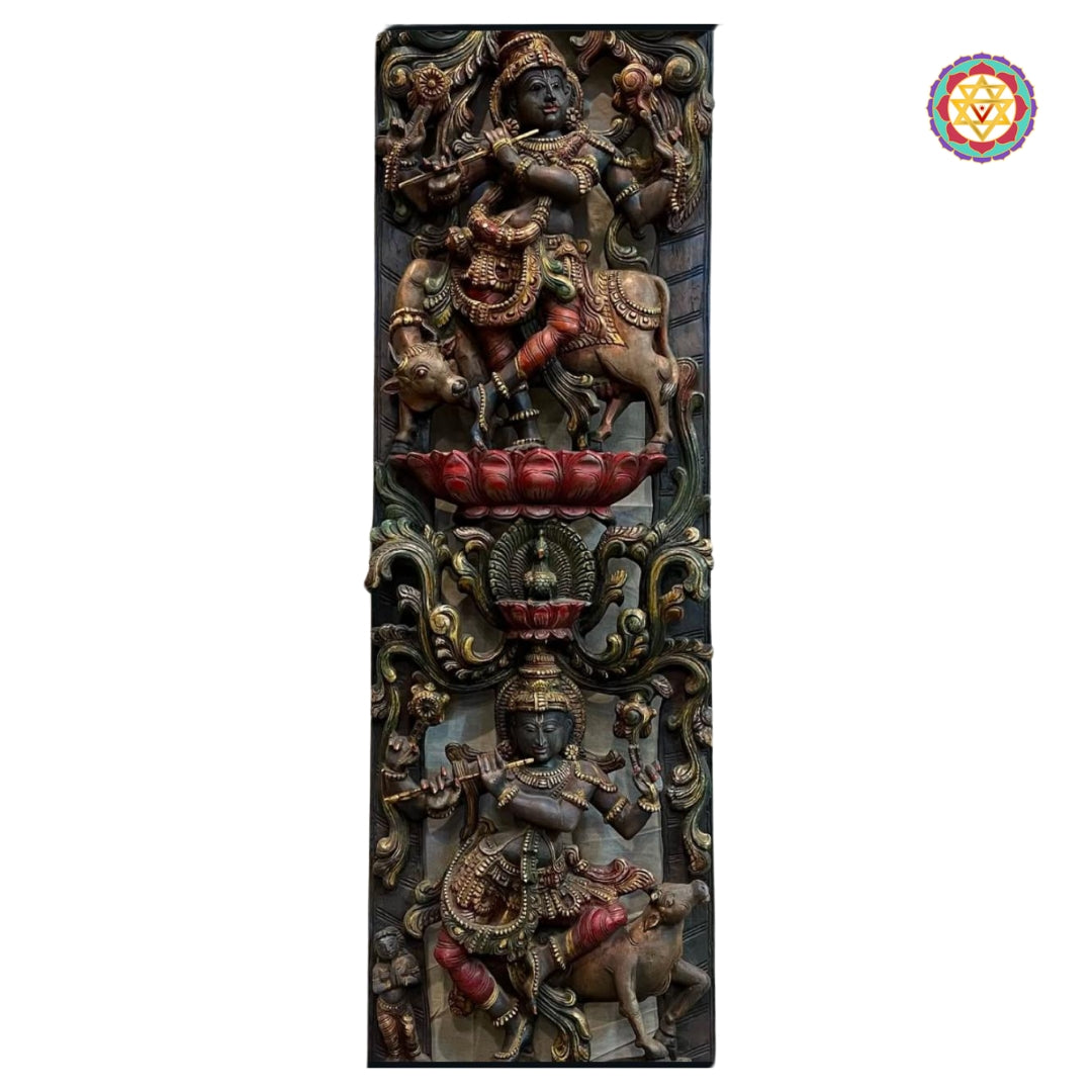 Krishna playing flute surrounded by nature