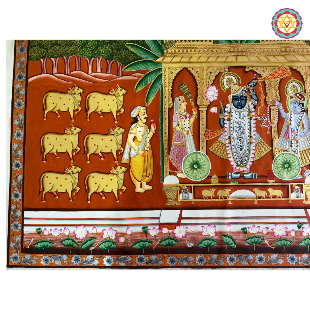 traditional pichwai arti painting angled shot with expressive handpainted details