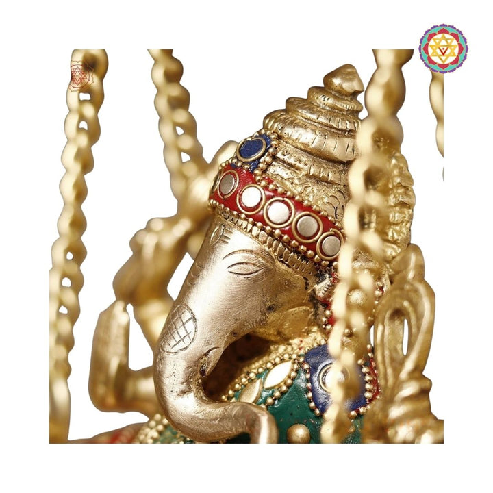 Brass Ganesh Jhula on Swing with Bell, Stone Work, 15”