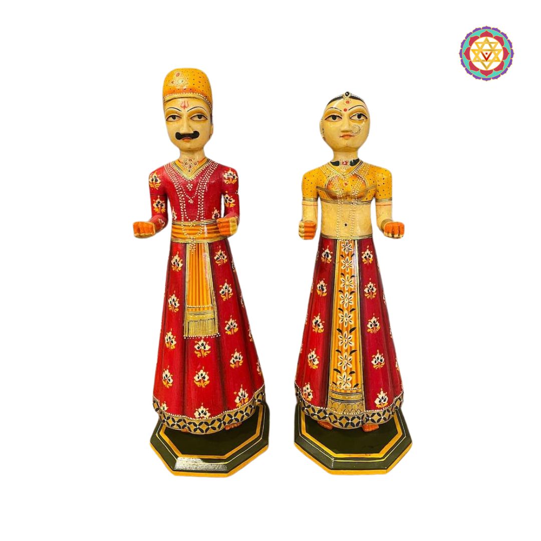 Pair Of wooden Painted Isar Gangaur dolls.Handpainted traditional style decorative dolls.