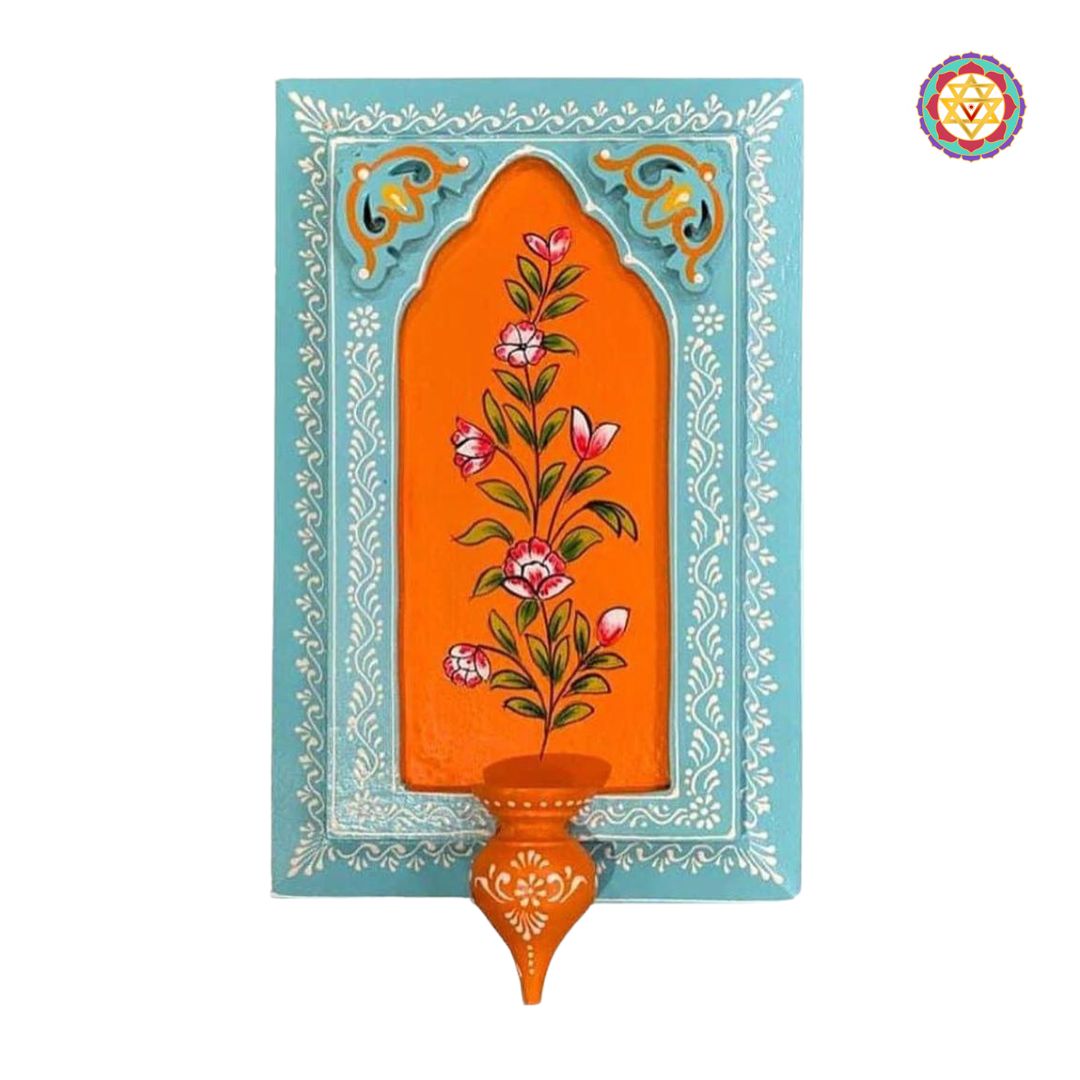 Orange wall frame with carved stand placed against white background