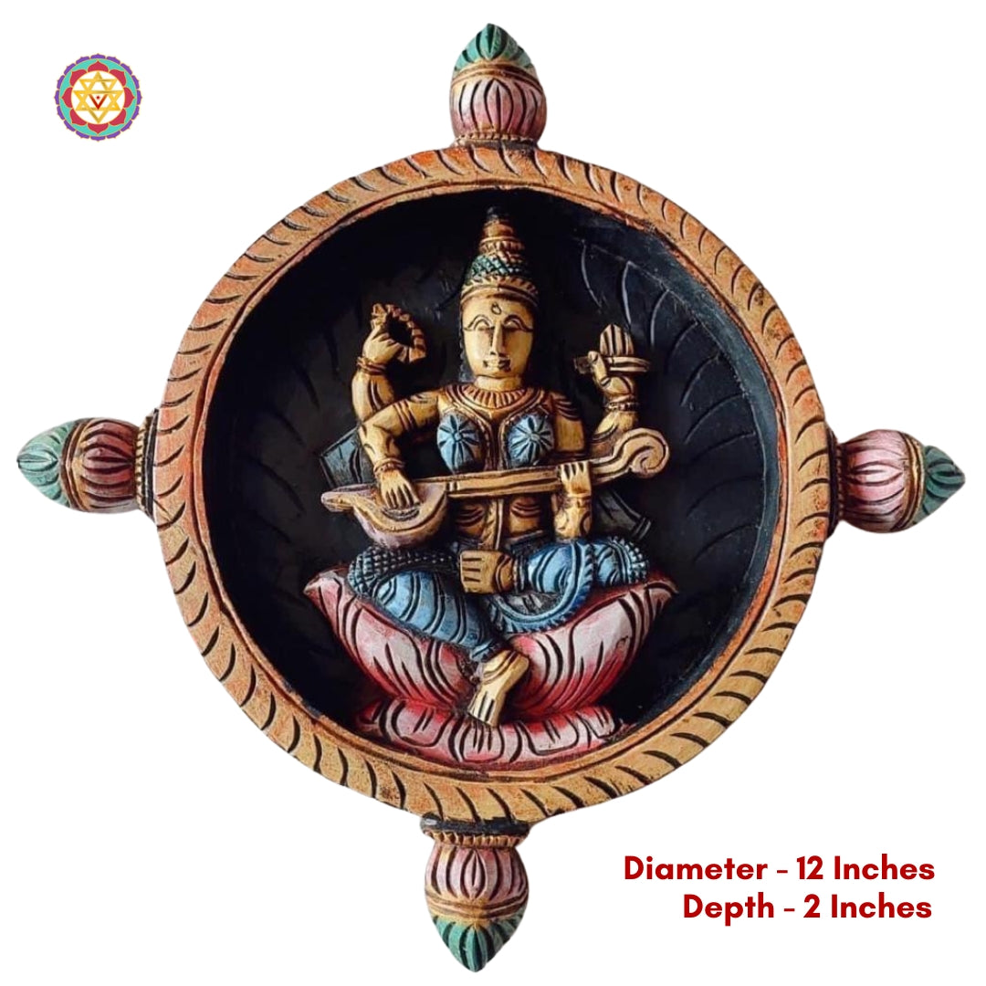 Intricately painted wooden Saraswati wall plate for spiritual décor