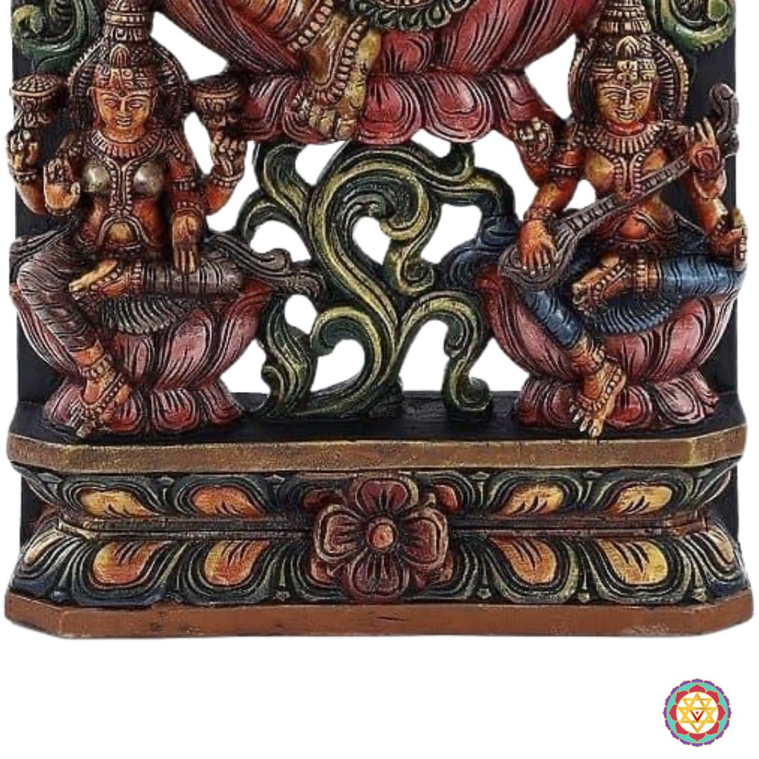 Woodcarved Ganesh statue with Goddess Laxmi & Saraswati.