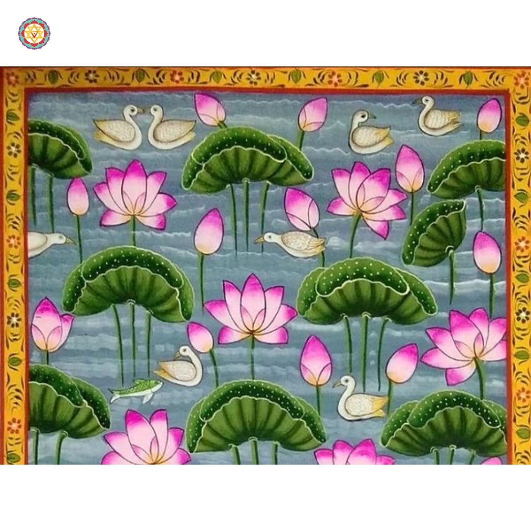 Close-up of lotus pond scene — vibrant natural colors with gold highlights, Pichwai painting inspired by nature