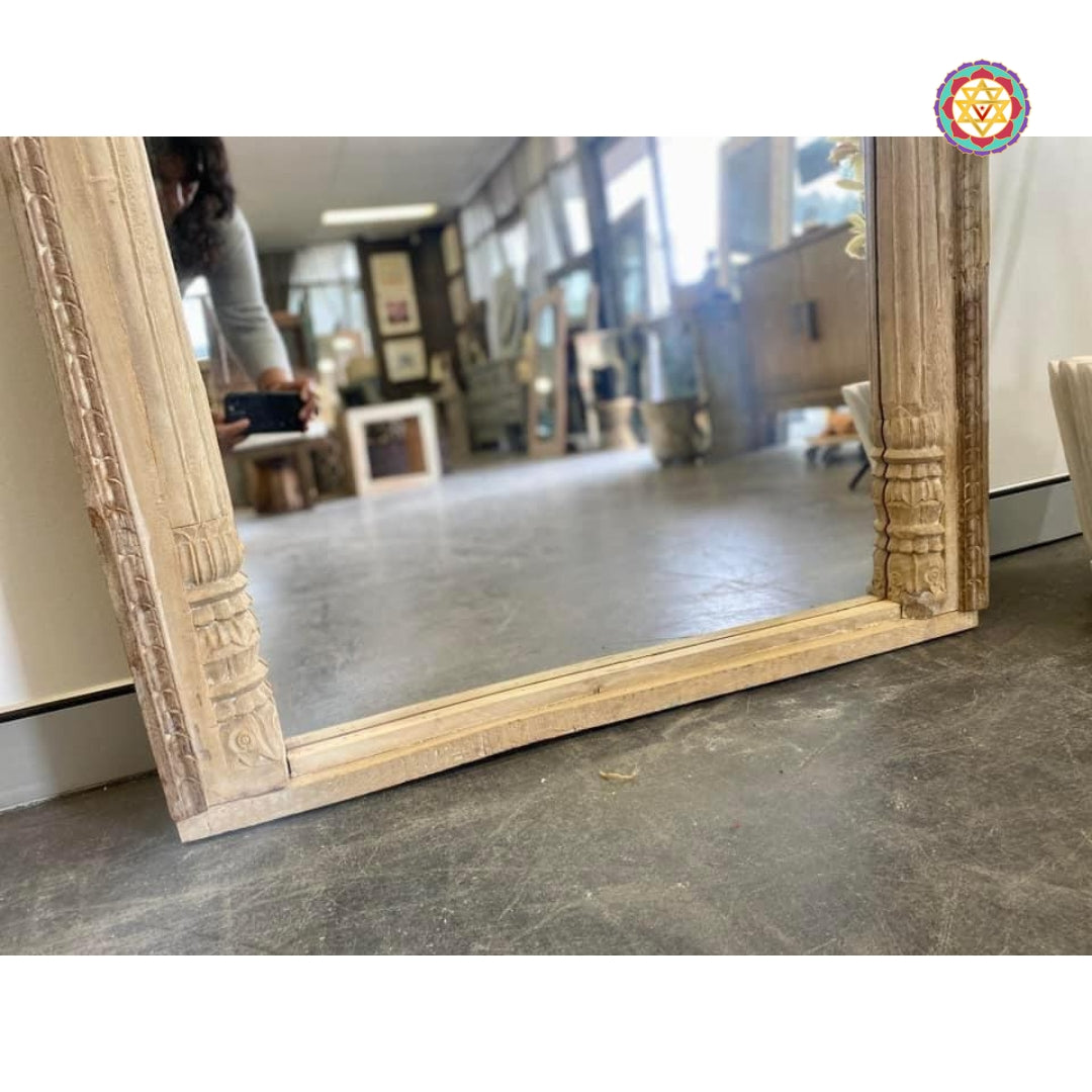 “Full-length wooden Jharokha mirror, rustic green finish with detailed carvings.”