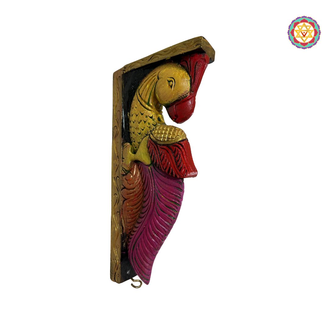 Side view of vibrant parrot woodcarved bracket
