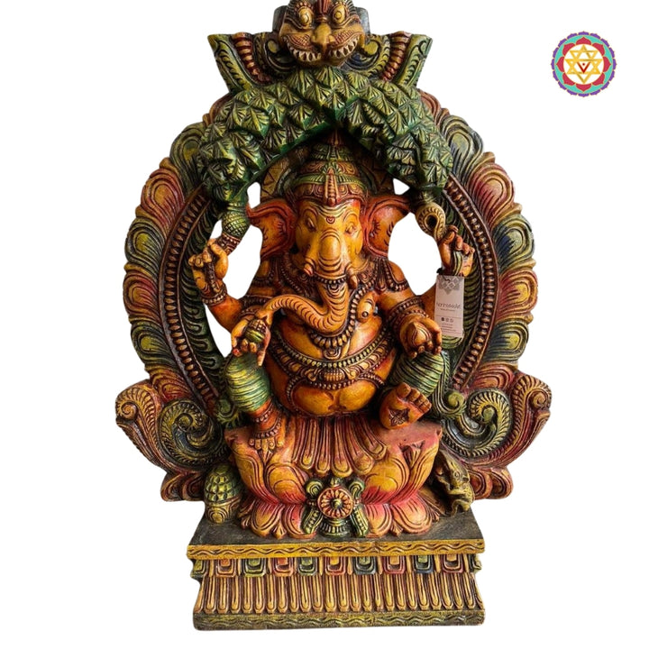 Intricately carved Woodcarved  Seated Lotus Ganesha Enshrining Prabhavali.Statue