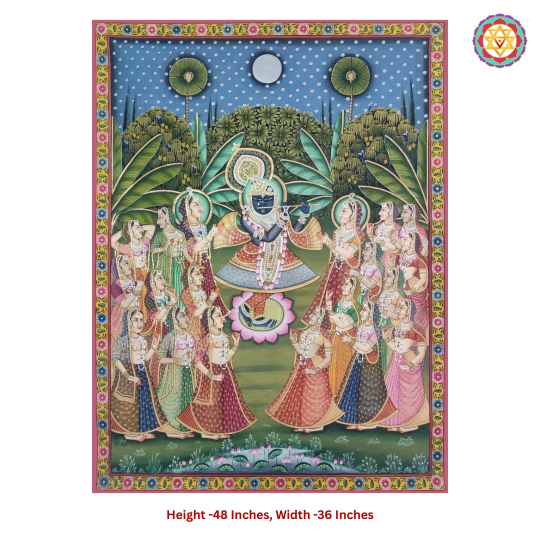 handpainted pichwai raas leela with gopikas in garden setting detailed shot showing vibrant figures and floral elements