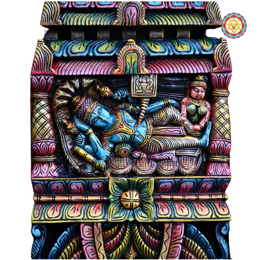 Gopuram-style wooden wall panel with intricate carvings