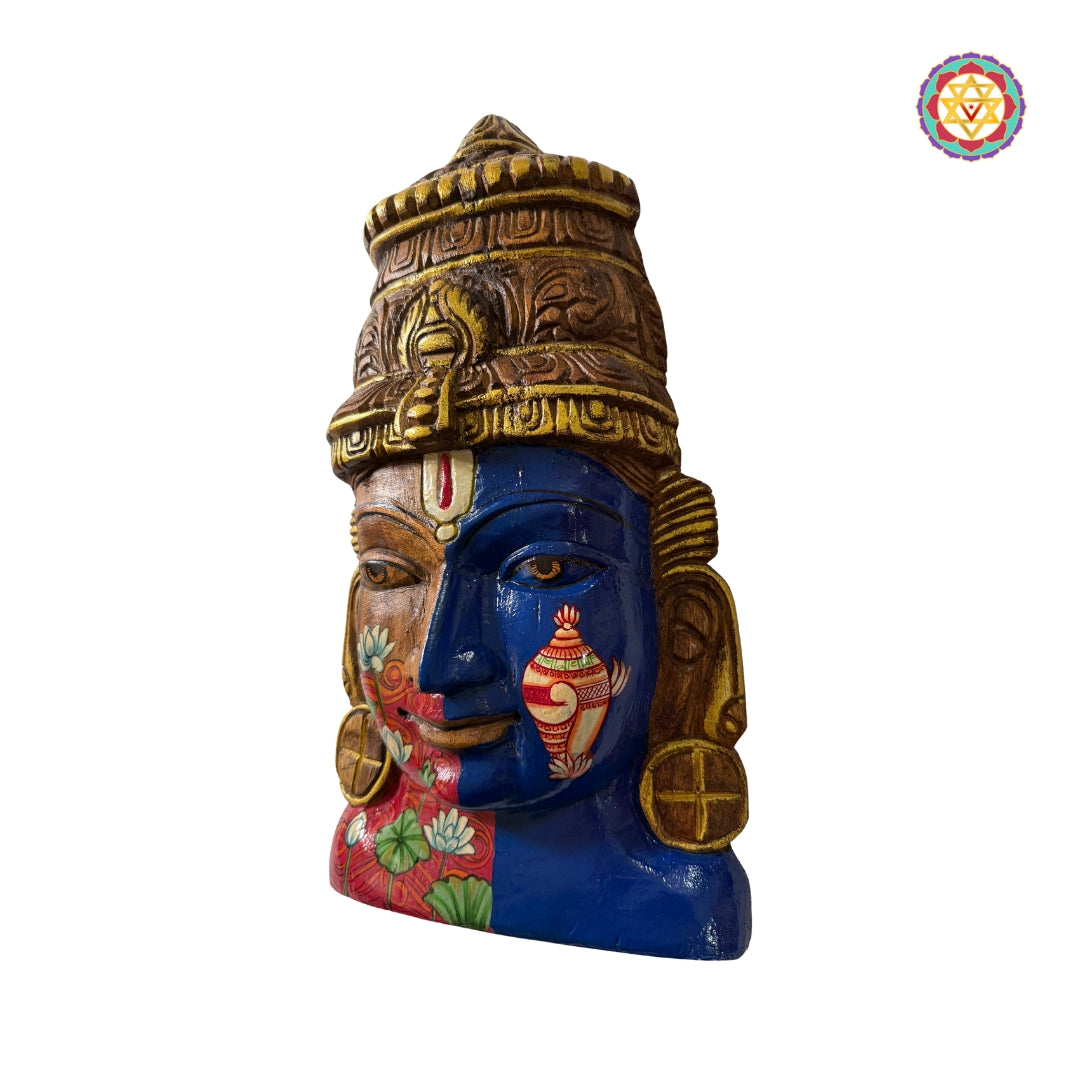 Traditional wooden Vishnu wall mask artwork with vibrant multicolour finish
