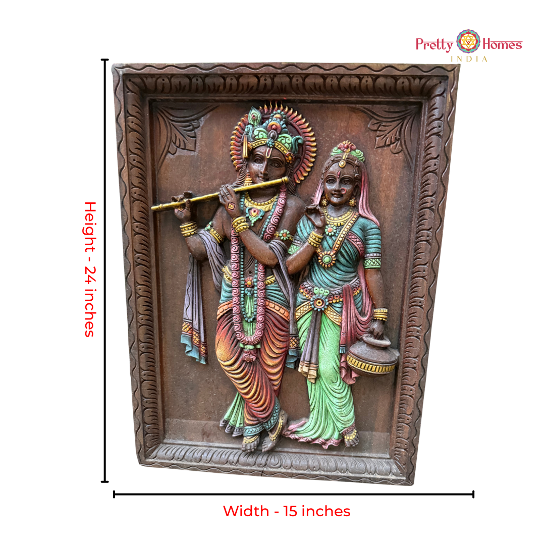 Hand-Carved Radha Krishna with Flute Wall Frame