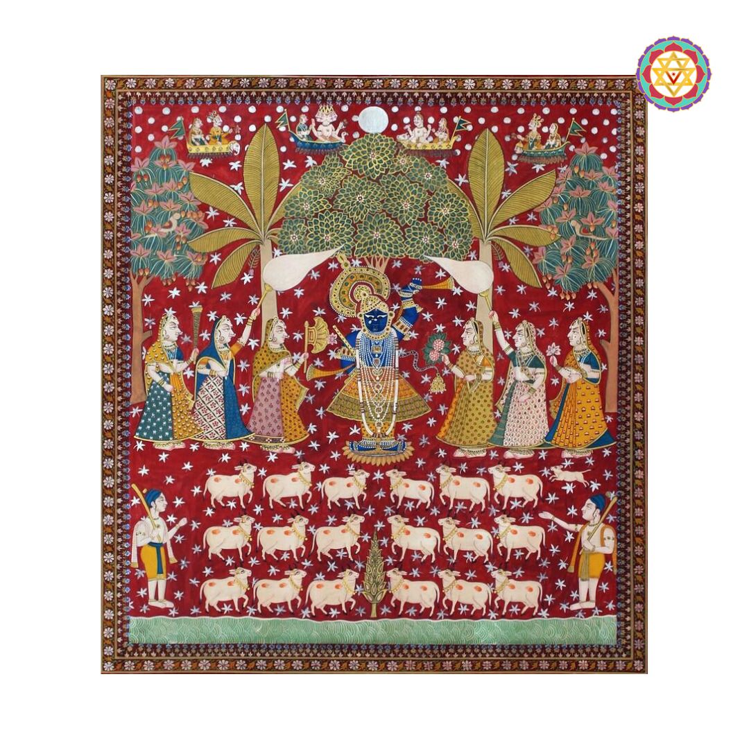 angled view of shrinathji and gopikas pichwai highlighting gold tones and intricate brushwork