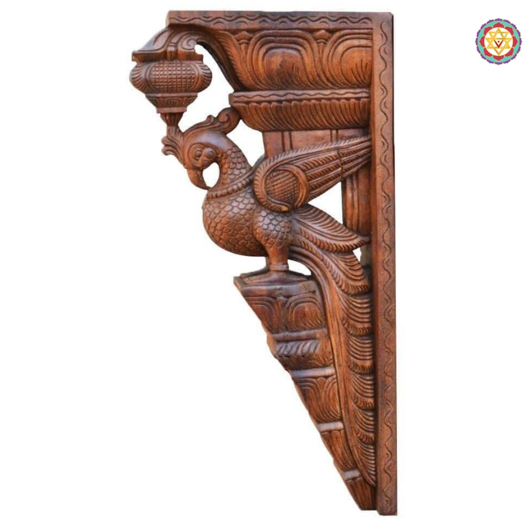Angled shot of wooden parrot wall brackets showing colourful handpainted parrots and carved vines