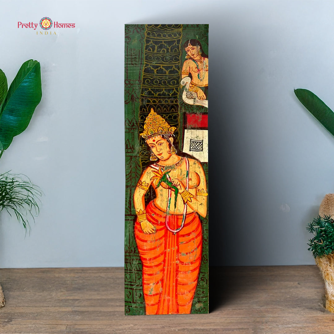 Wooden Handpainted Vintage-Style Ajanta Apsara Wall Panel – Heritage Decorative Art for Interiors