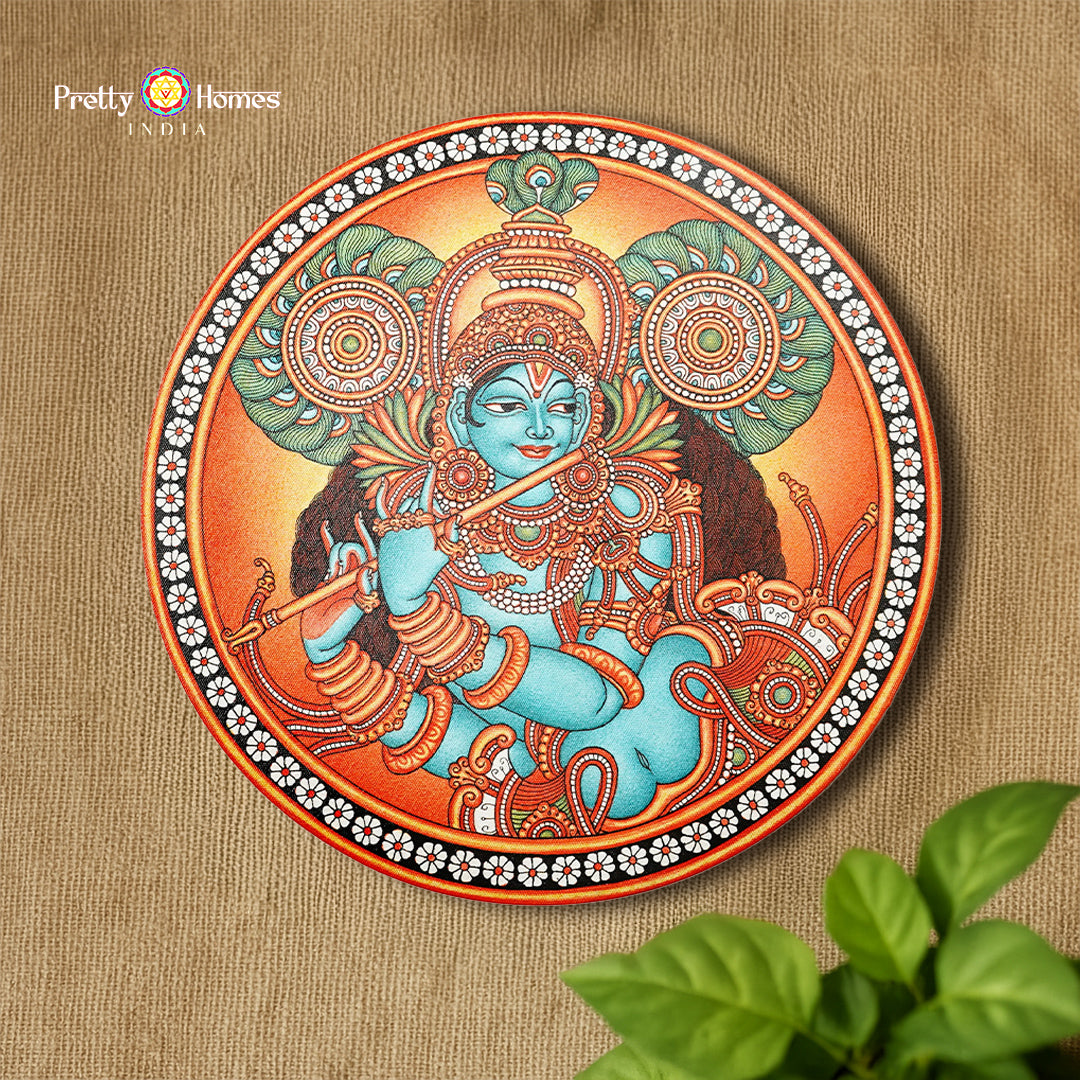 Kerala mural-style hand-painted wall plate of flute Krishna full view
