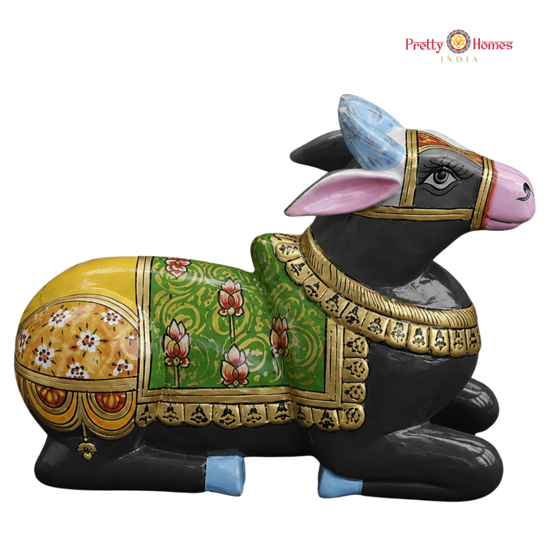 Handpainted Wooden Black Nandi with Green & Yellow Floral Motifs