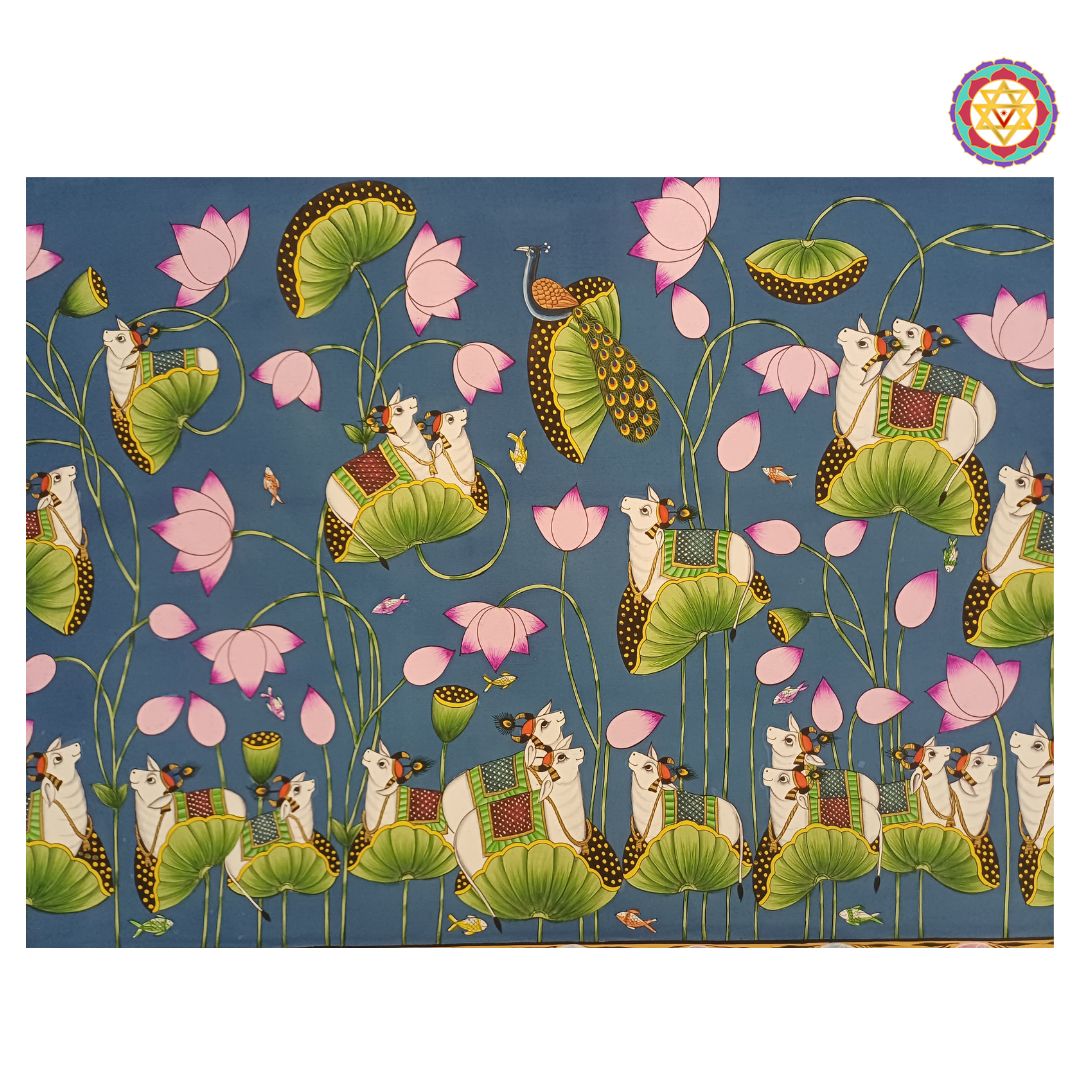 lotus pond and cows surrounding shreenathji in hand-painted pichwai