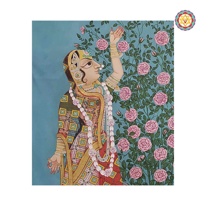 Close-up of two Gopikas with blooming flowers and crescent moon in hand-painted pichwai.