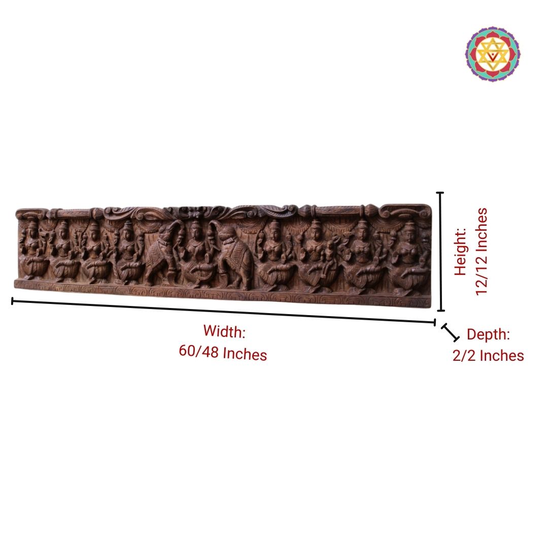 Intricately Carved Horizontal Ashtalakshmi Panel with Gajalakshmi in the Centre – Wall Mountable Divine Art