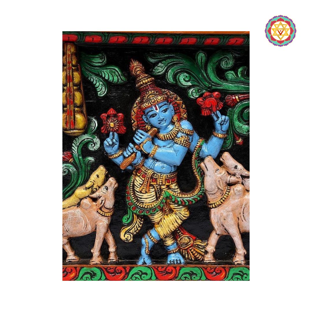 Krishna with white cow detail in horizontal panel

