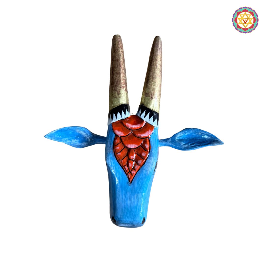 Hand-Painted Red & Blue Cow Head /Nandi – Traditional Woodcarved Wall Decor