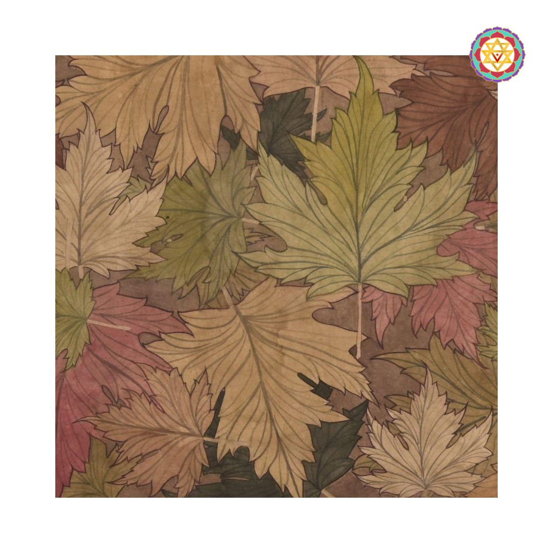 angled view of maple leaves pichwai highlighting hand-painted details and natural flow